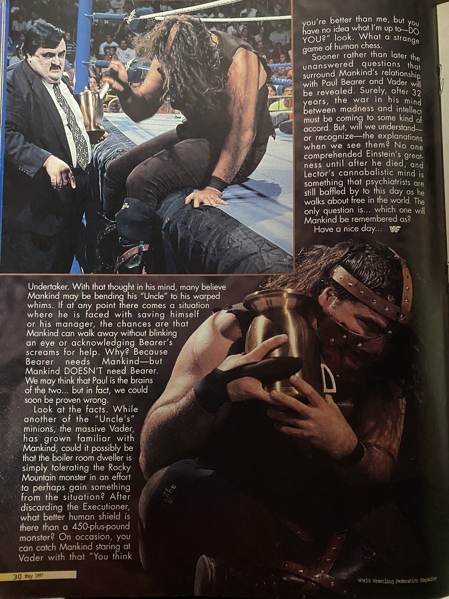 Historyof90s's tweet photo. Mankind: Brutality or Brilliance?

Article from WWE May 1997 magazine featuring @RealMickFoley. https://t.co/2tHNdM7BZV