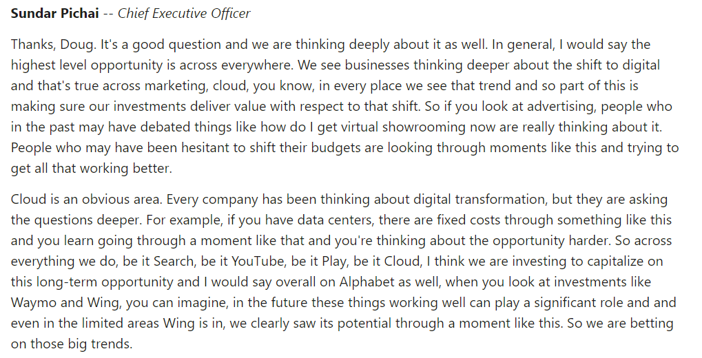 51/nGoogle is focused on 4 key areas:-Creating Valuable products-Trustworthy experience-Executing at scale-Investing for the futureBetting on the big trends:"if you are thinking about cars and you've been hesitant to do virtual car showrooming, now is the time."End.