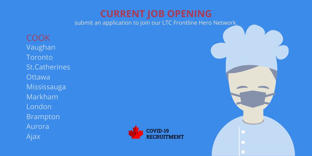 Visit our website and submit an application to join our LTC Frontline Hero Network as a Cook! covid19recruitment.ca #letsfighttogether #COVID19