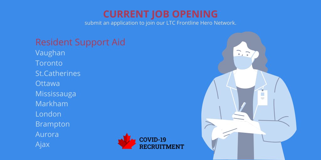 Visit our website and submit an application to join our LTC Frontline Hero Network as a Resident Support Aid! covid19recruitment.ca #letsfighttogether #COVID19