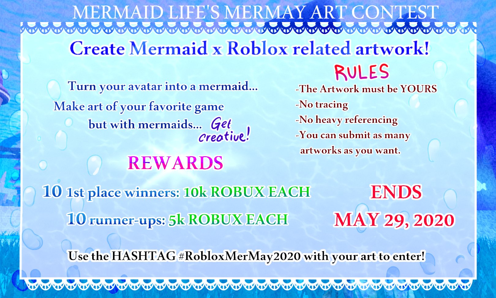 Fullflower Studio Llc On Twitter We Re Holding A 150 000 Robux Art Contest 20 Winners Will Be Chosen And Your Work May Be Featured In Mermaid Life Use The Hashtag Robloxmermay2020 To Enter - roblox robux life