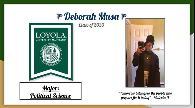 CHS_2k20's tweet photo. Congratulations Deborah Musa🥳 Deborah will be attending Loyola University 💚💚 and majoring in Political Science! Congrats!
#pgcpssigningday2020
@counselorpgcps @CHSFalcons1 https://t.co/1zFecTsKW0