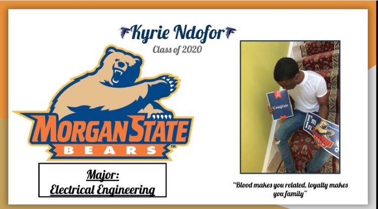 CHS_2k20's tweet photo. Congratulations Kyrie Ndofor🥳 Kyrie will be attending Morgan State University 💙🧡and majoring in Electrical Engineering!Congrats! 
#pgcpssigningday2020
@counselorpgcps @CHSFalcons1 https://t.co/AzxPpkUlHS