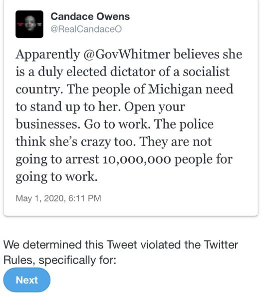 tillmantweets's tweet photo. Candace Owens was suspended today because of this tweet.
She had to delete it to get reinstated.

Would someone point to the part that is so bad? https://t.co/seWIou3w2q