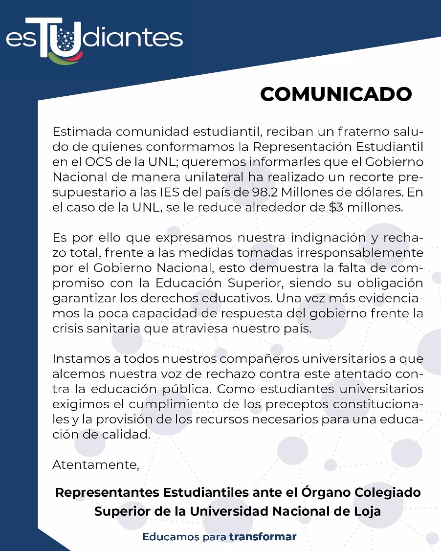 Tuestudiantes's tweet photo. 🔴COMUNICADO OFICIAL 
Los Representantes Estudiantiles al Órgano Colegiado Superior expresan su rechazo al recorte presupuestario de la Educación Superior. #NOalRecorte https://t.co/aq3O8UdyVb