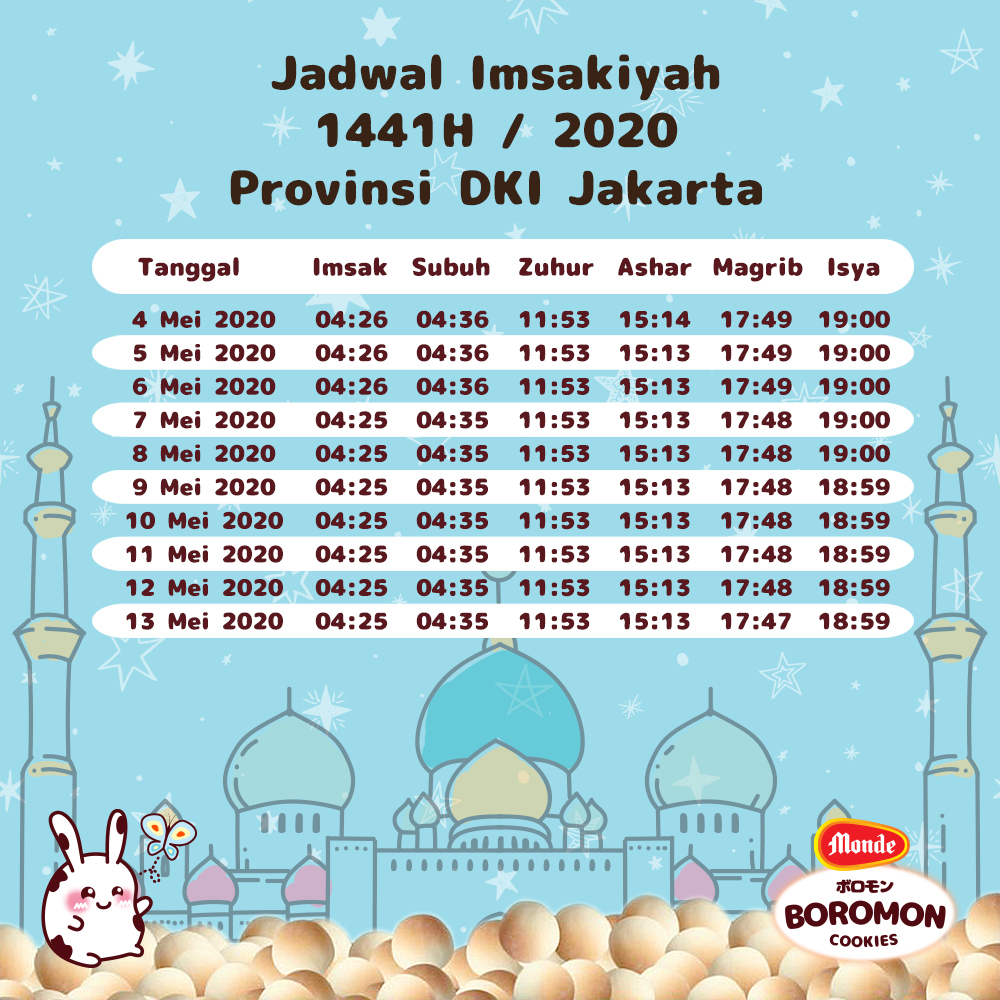 Hi Smart Moms, Bou Bou mau share jadwal Sholat &amp; Imsakiyah 2020 Ramadhan 1441H Tanggal 4 Mei sampai 13 Mei 2020 untuk daerah DKI Jakarta dan sekitarnya nih. 
Jangan lupa untuk LIKE &amp; SHARE ya biar Si Kecil juga rajin beribadah 😘
#MondeBoromon #boromoncookies #Ramadan #Puasa
