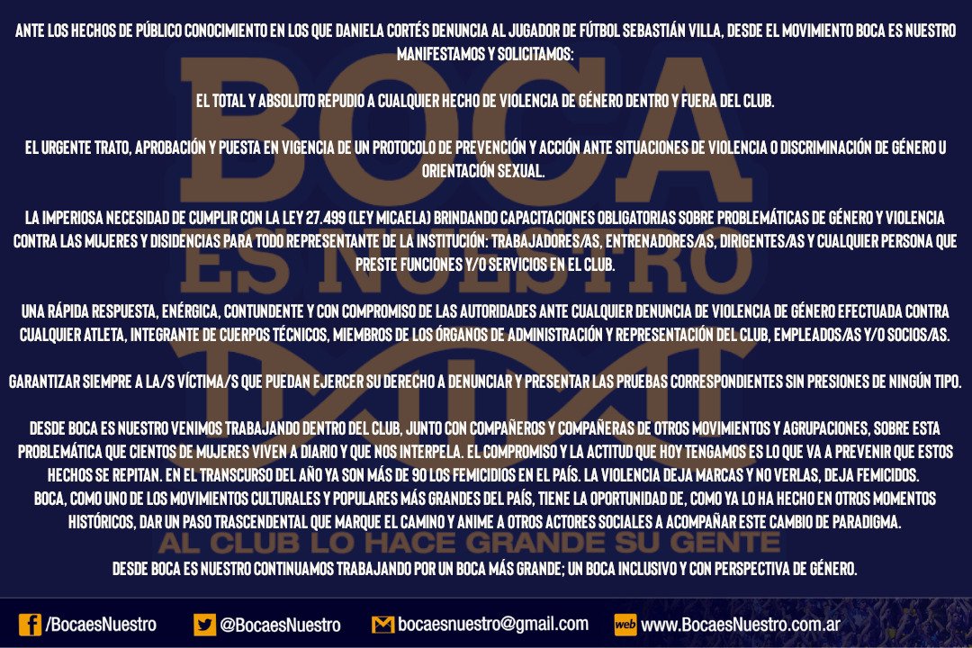 [COMUNICADO / HILO]

Ante los hechos de público conocimiento en los que Daniela Cortés denuncia a su ex pareja, el jugador de fútbol Sebastián Villa, desde el movimiento Boca Es Nuestro manifestamos y solicitamos: