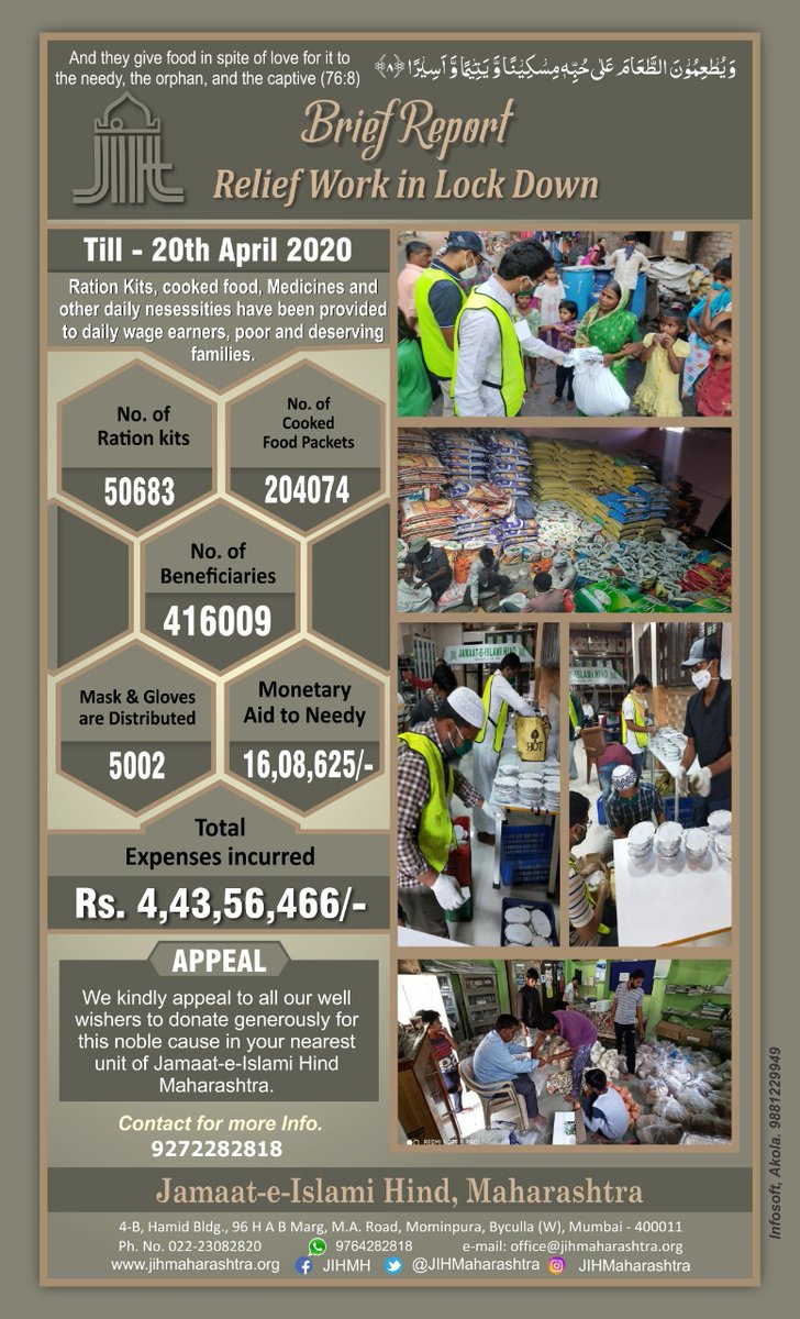 AbuzarSpeaks's tweet photo. #ServingTheNeedy
Relief Work of 23.73 Crore rupees by Jamaat-e-islami Hind & 4.03 Crore by Maharashtra Jamaat e islami during this lock-down
Report 20 April 2020
@JIHMaharashtra
@JIHMarkaz
#lockdown_muslimsrelief
#jamateIslami
#lockdown_muslimsrelief
#Covid_19
#ServingTheNation https://t.co/FI2td44ibU