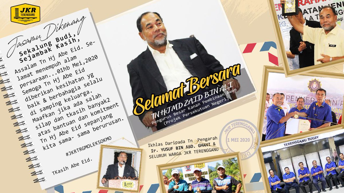 Selamat #Bersara Tn.Hj. Md. Zaid Ali <a href="/MdzaidAli_/">Md Zaid Ali</a> Pengurus Besar Kanan Pembinaan <a href="/TeamProjekTrg/">PasukanProjekTrg</a>, semoga diberikan kesihatan yg baik &amp; berbahagia selalu di samping keluarga. Maafkan jika ada salah silap.T.kasih banyak2 atas jasa &amp; komitment Tn. Hj Abe Eid kita sepanjang berkhidmat.
