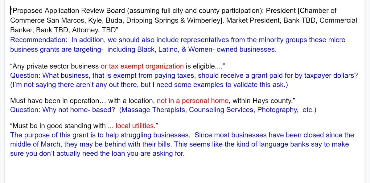 Yesterday we had an emergency meeting <a href="/hayscountygov/">Hays County Texas</a> to discuss a $500k Emergency Cash Assistance Program to serve micro-businesses in HaysCo. At first glance this program seems like a much needed shot in the arm, I had several concerns. #COVIDー19 #transparency #Change