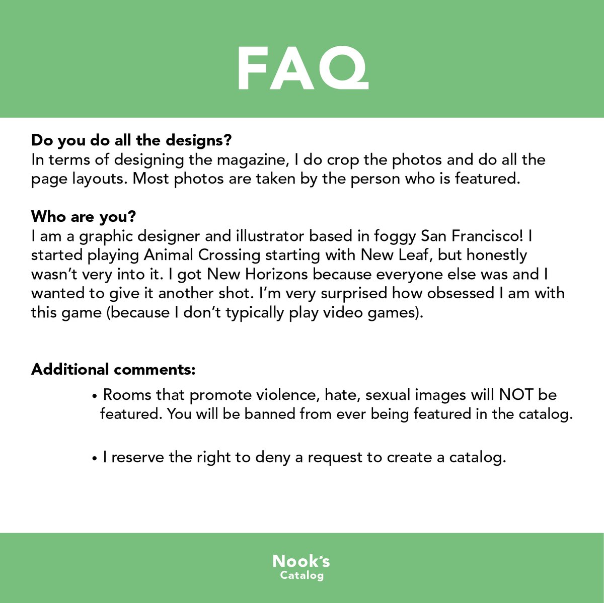 NooksCatalog's tweet photo. Hi Everyone! Here are the Guidelines to be featured in the Magazine. I also attached FAQs! Please refer to this before sending me DMs, thank you! 🌿 https://t.co/ghHP1WrHdH