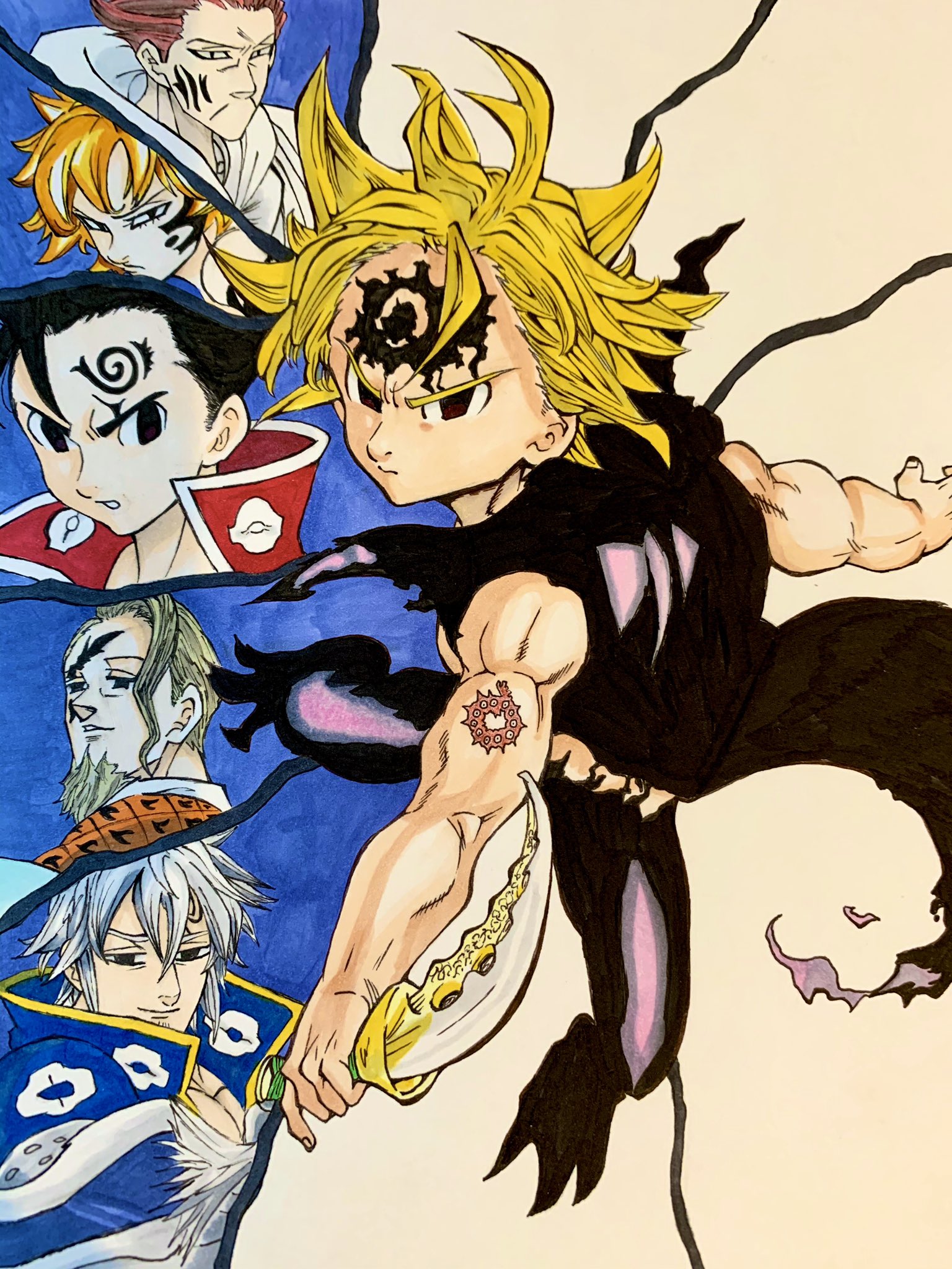 Kaesin No Twitter 友達に真ん中のメリオダスを描いてもらい 私がメリオダスの色塗りと背景の十戒を描くということをしていて とりあえず5人描いたのであげました 七つの大罪 イラスト メリオダス 十戒 コピック イラスト好きな人と繋がりたい T Co