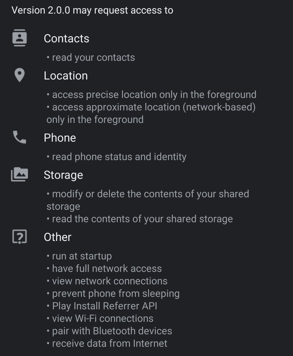 8/ Store:1. Oh darn!2. No thanks Political AppBe aware that the permissions under "Other" don't need user approval. For most apps this is fine.Not sure why the  #TrumpVirusCoverup App would want to pair with Bluetooth Devices. More Location Beacons as seen in the slides?