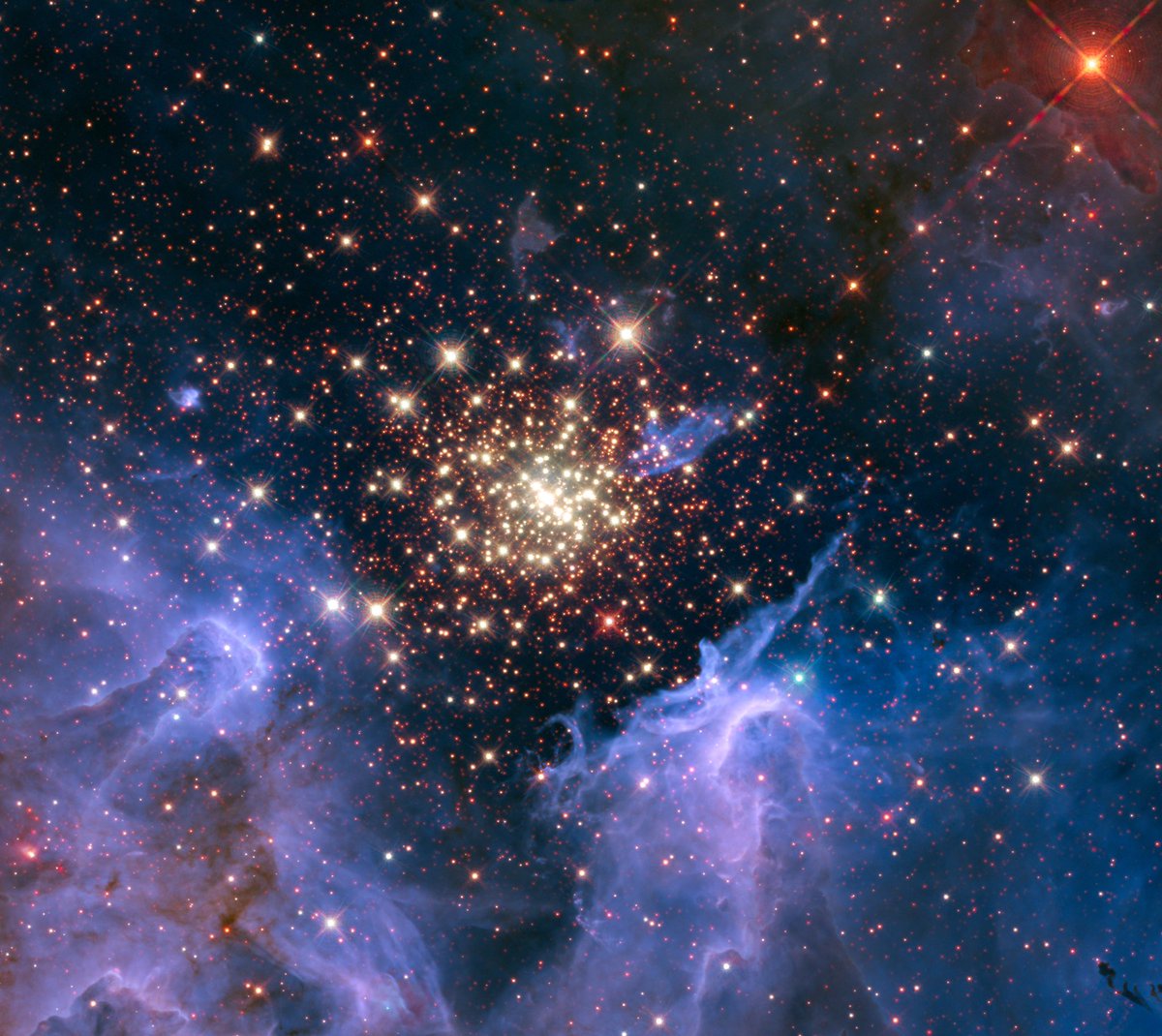 The star cluster NGC 3603, about 20,000 light years away in the constellation Carina.Image: NASA, ESA, R. O'Connell (UVA), F. Paresce (Nat. Inst. for Astrophysics, Bologna), E. Young (USRA/Ames Research Center), WFC3 Science Oversight Committee, Hubble Heritage Team (STScI/AURA)