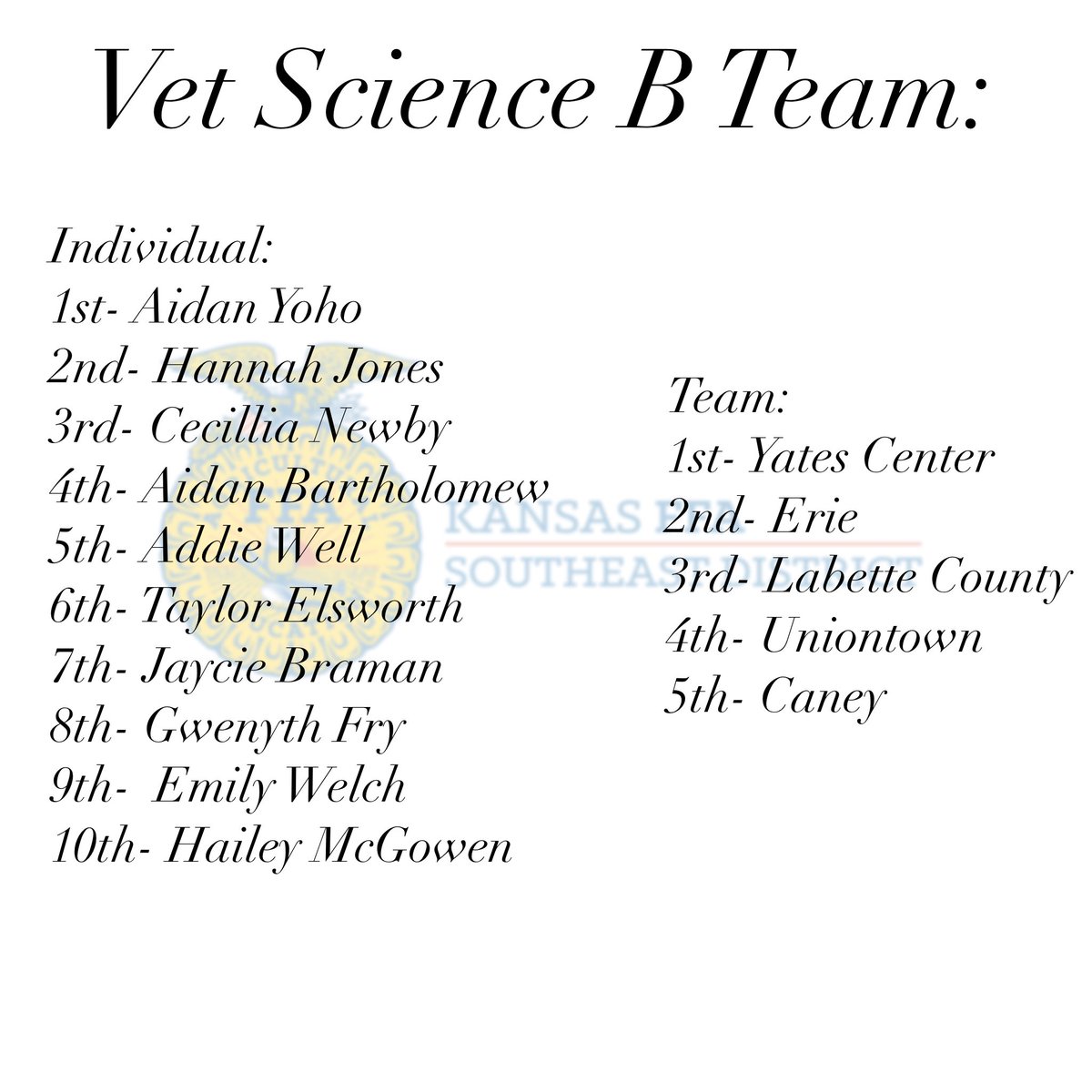 05/02/2020 Vet Science CDE Results!
•
•
•
I apologize for the late upload of results. Thank you to everyone who participated in our virtual vet science CDE! We appreciate your patience and dedication through this time! Congratulations to those individuals and teams mentioned!