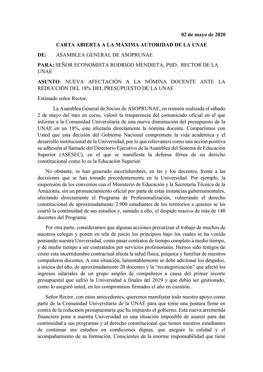 asoprunae's tweet photo. Carta pública al economista @mendietarodrigo, rector de la 
@UNAEcuador  "...pero necesitamos –hoy más que nunca– una posición responsable, sin vacilaciones, solidaria y comprometida de las autoridades de nuestra Universidad para afrontar esta crisis...". #NOalRecorte 
@FeueUnae https://t.co/OTxWRd86nD