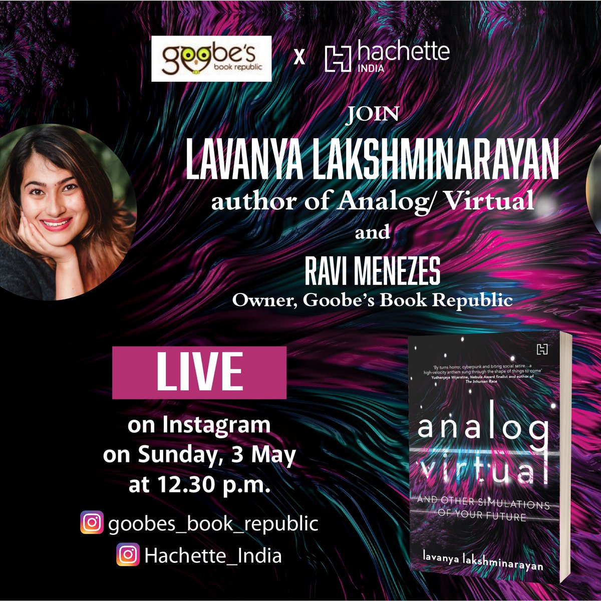 HachetteIndia's tweet photo. The wonderful @lavanya_ln and @goobesbooks are going LIVE on Instagram at 12.30 p.m. today! 

See you there.

#AnalogVirtual https://t.co/Kd9EuZfOYr