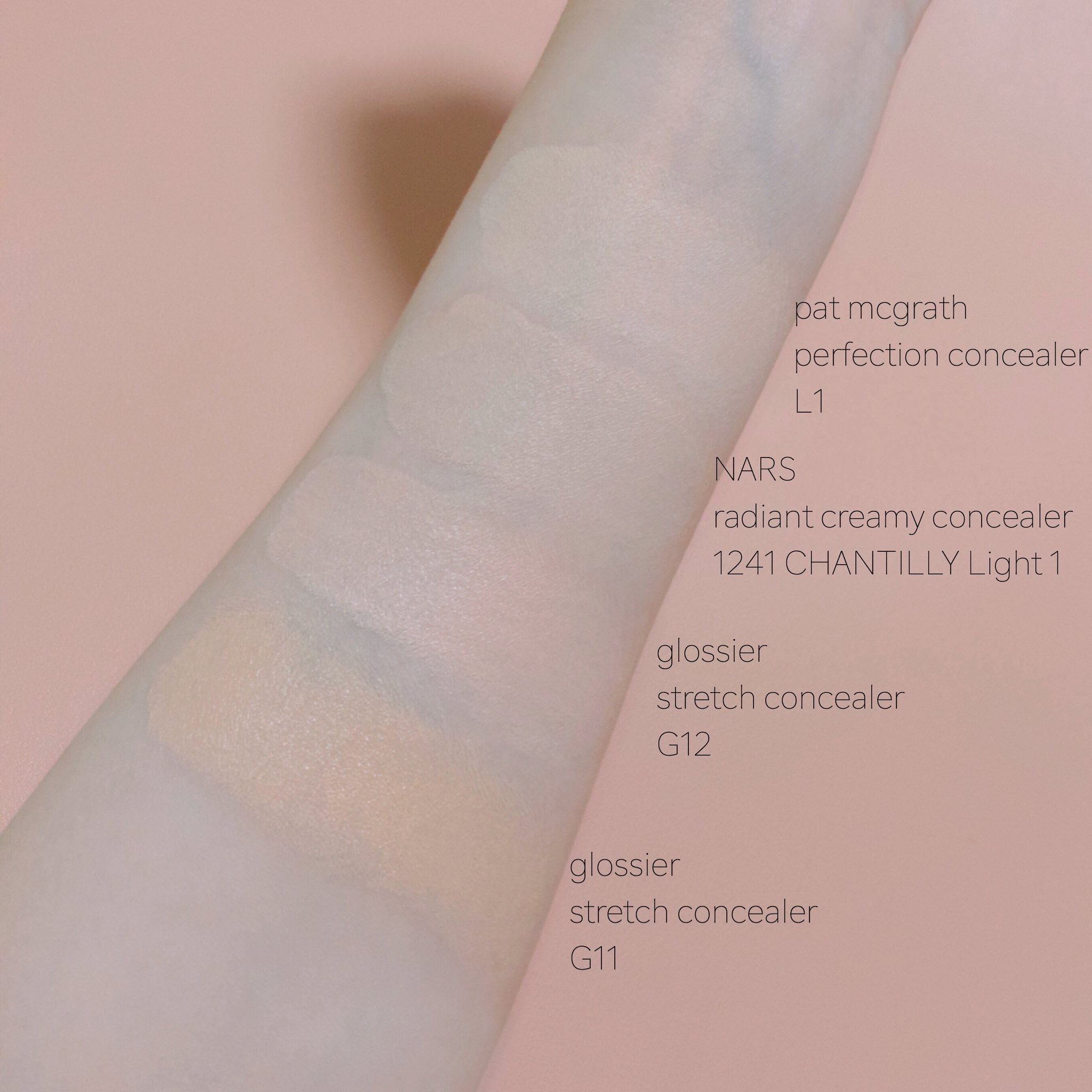 吉井 Pat Mcgrath Skinfetish Sublime Perfection Concealer L1 Nars 1241 Glossier G12 Glossier G11 旧light この画像だとnarsとそんな差がないように見えるかもだけどかなり違う 目の隈とか肌の凹んで影になった部分を明るく見せる補正力が
