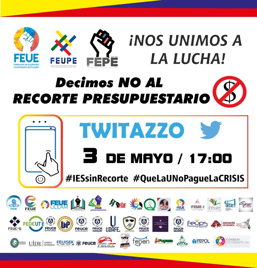 feupeecuador's tweet photo. #IESsinRecorte #QueLaUNoPagueLaCrisis

Hoy se levantaron las voces de toda la comunidad universitaria, sin embargo, es necesario que todos los días se escuche nuestro descontento, hasta que el Gobierno se rectifique. 
Mañana twittazo.

¡Por el presupuesto nadie se cansa! https://t.co/YVcbi42Bxr