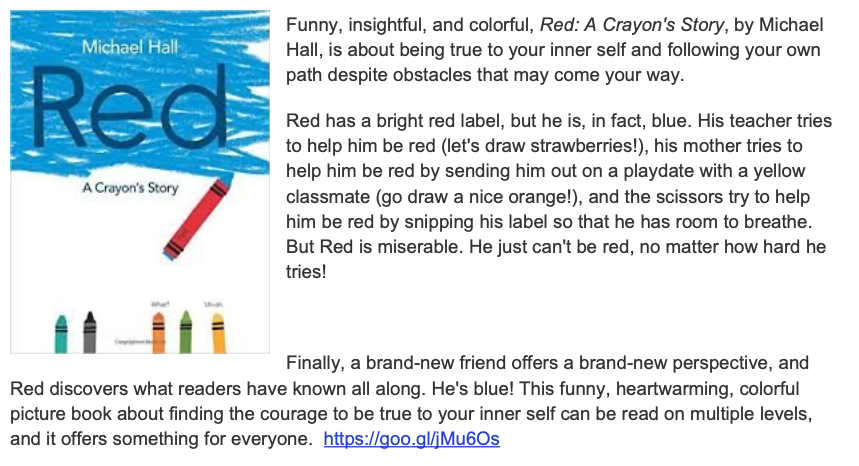 Another story about validating children's gender identity. This time it's a red crayon that's actually blue. "How would it make you feel if you felt like an owl on the inside but everyone told you that you were a person?" Umm? Huh? You're making my point for me: this is crazy.