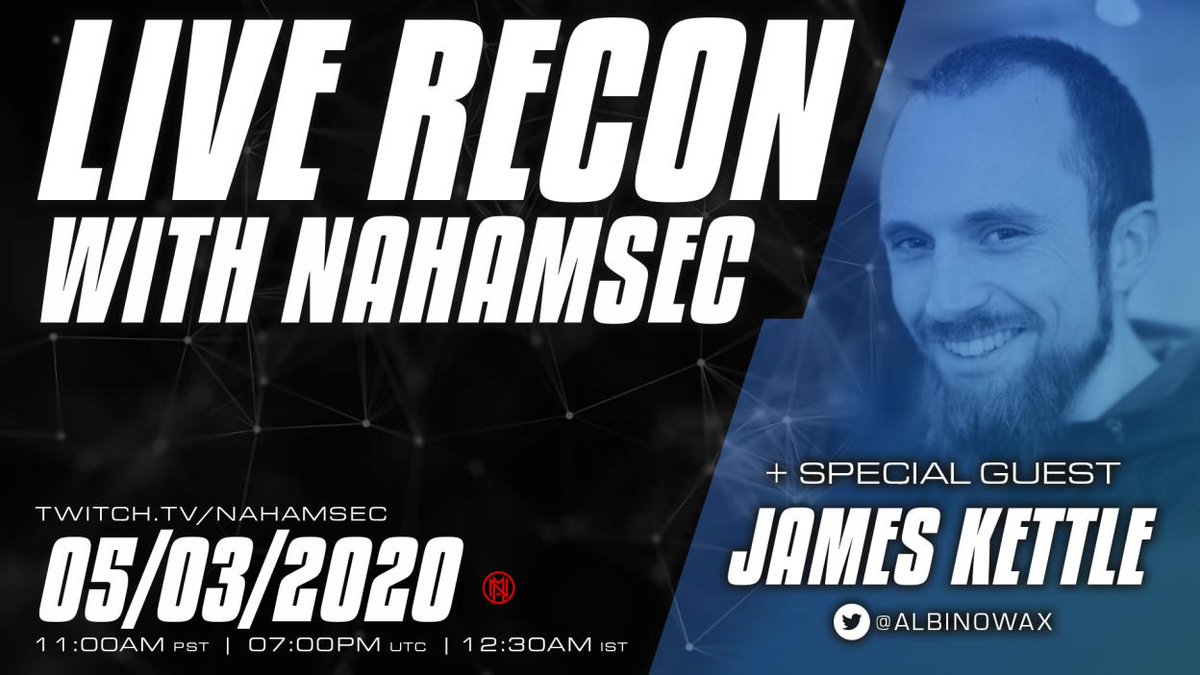 NahamSec's tweet photo. We are celebrating 10K+ followers on twitch today with a special interview with @albinowax! 

I also created a puzzle (with prizes) thanks to @bbuerhaus, @leemsparks, and @JTobcat! Use !puzzle in my twitch chat for more info! 

Going live at 11:00AM PDT on https://t.co/J7ZpQDHEqX https://t.co/KMs96rP7Tm