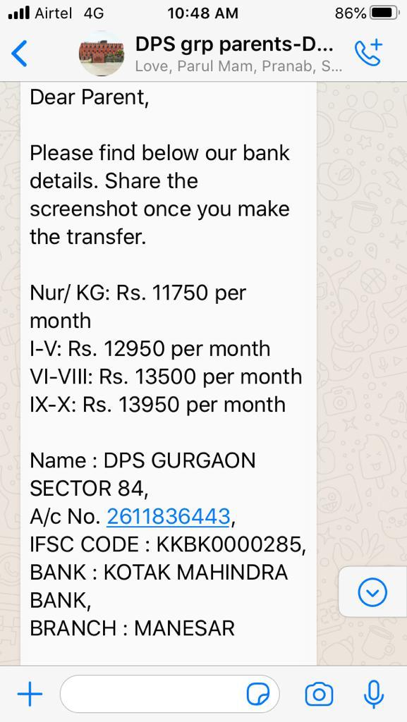 VibhoreMittal's tweet photo. @rakeshdaultabad @ParentsGurgaon @46Mris @Gurgaonparents1 @gurugramparents Rakesh sir as already informed to you please also discuss about schools like DPS sector 84 who had smartly converted complete fees to tuition fees. We parents are having very high hope from you. 🙏🙏 https://t.co/rwqu32QLPu