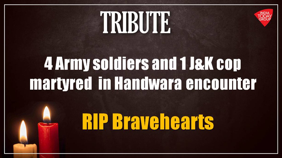 IndiaToday (@indiatoday) on Twitter photo India salutes the supreme sacrifices of our soldiers in the #Handwara encounter! RIP bravehearts! You fought well.
<a href="/adgpi/">ADG PI - INDIAN ARMY</a> <a href="/JmuKmrPolice/">J&K Police</a>
#HandwaraEncounter #IndianArmy #ITCard India salutes the supreme sacrifices of our soldiers in the #Handwara encounter! RIP bravehearts! You fought well.
<a href="/adgpi/">ADG PI - INDIAN ARMY</a> <a href="/JmuKmrPolice/">J&K Police</a>
#HandwaraEncounter #IndianArmy #ITCard