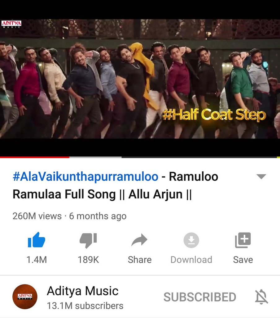 AlluArjunFanss's tweet photo. #AlaVaikunthapurramuloo 
#AlluArjun #RamulooRamulaa #HalfCoatStep #260m #AdityaMusic https://t.co/s0YQwQ9n5x