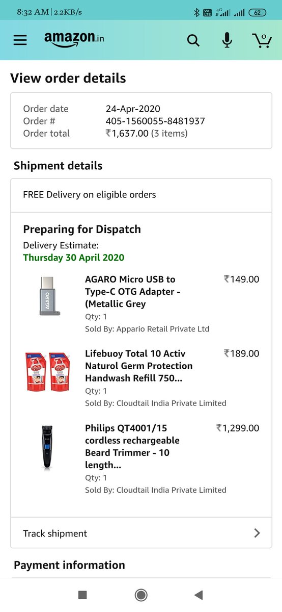 rajeev__panwar's tweet image. #SayNoToAmazon
I have placed an order on Amazon on 24th April 2020. The expected date of delivery was 30th April but did not receive till date. As advised by @AmazonHelp I cancelled order as they were unable to tell me next delivery date. But I have been charged about 400 rupees.