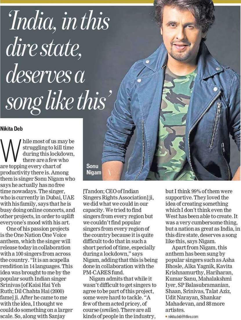 p2communication's tweet photo. #sonunigam talks to @htTweets about One Nation One Voice, the biggest collaboration of 100 singers from@across the country creating an anthem in 14 languages, in association with PM Cares. Read to know more
@SonuNigamForum
#anthem #onenationonevoice #htcafe #collab #singers https://t.co/DfYoJIEmhq