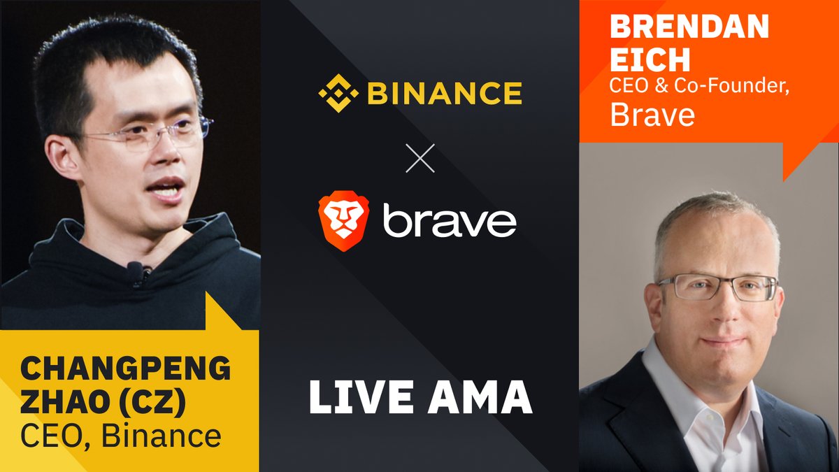 binance's tweet photo. Join us on Tuesday, May 5th🗓️, at 5AM UTC🕔, for a Live Video AMA with #Binance CEO, @cz_binance and #Brave CEO &amp; Co-founder, @BrendanEich, right here on Twitter!

Have any questions about the 🔶@Binance x 🦁@brave partnership? Drop them in the comments to get them answered! https://t.co/vy6oUFg0uh
