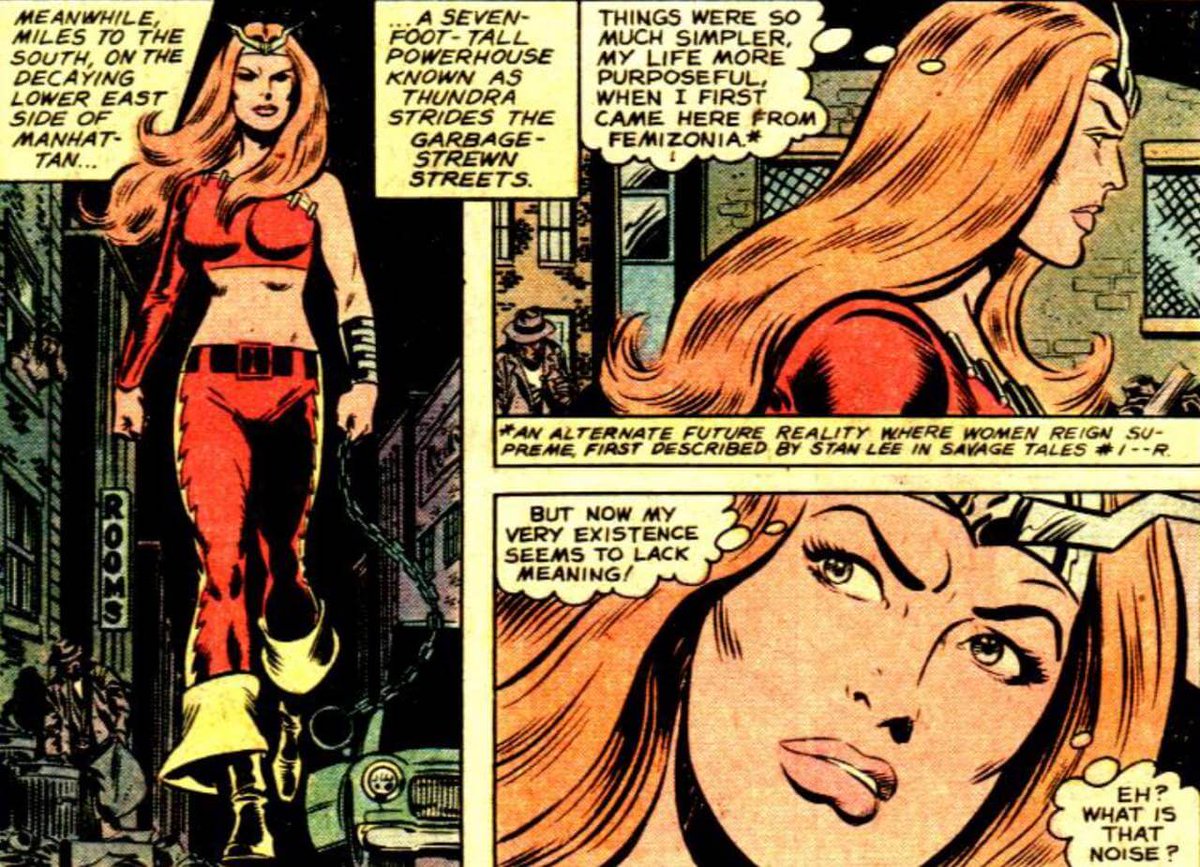 RandyS0725's tweet photo. #Thundra hails from an alternate timeline, where women have subjugated men & formed a technologically-advanced matriarchal society of warrior Femizons. With only a chain as her trademark weapon, she has aided the #FantasticFour, #SquadronSupreme, #LadyLiberators & more! #Marvel https://t.co/haZIcysYBA