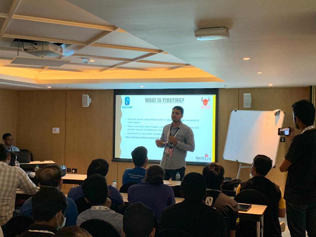 redteamvillage's tweet photo. Ashish @_r4n4 and Keerthi @kr33pt is delivering a talk on 'The recipe to a successful Red teaming' at Red Team Village @nullcon 
#RedTeamVillage #nullcon #nullcon2020 #RedTeam https://t.co/2Y7Qe3gMCW