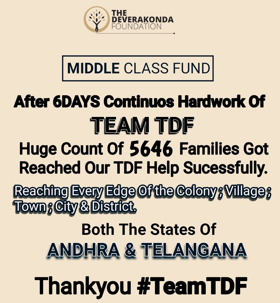 TheDevarkonda's tweet photo. WE LOVE DEVERAKONDA 🙏😻♥️
#VijayDeverakonda #TheDeverakondaFoundation
#MiddleClassFund
#TDF
After 6Days Continuos Hardwork Of #TeamTDF
Huge Count Of 5694 Families received Help From @DeverakondaFdn 😻🙏 https://t.co/wm7yQk06HH