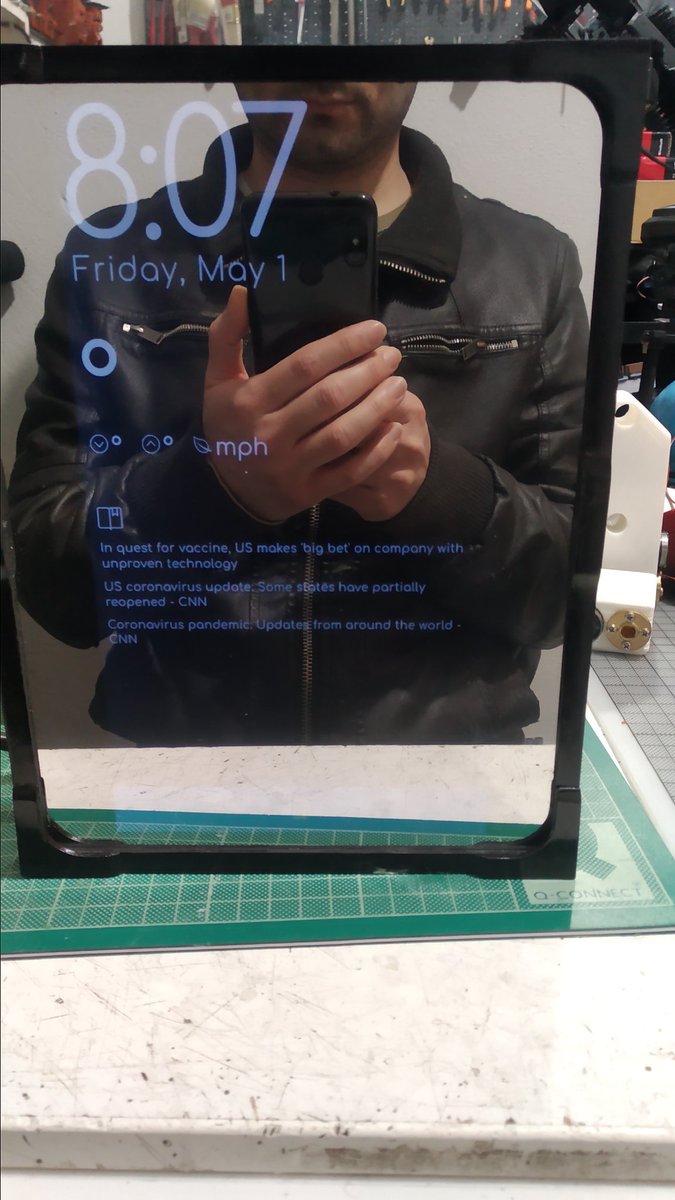 dpiperidis's tweet photo. Here is my homemade smart mirror out of an old and cheap tablet with a broken touch sensor. My next goal is to connect a proximity sensor in order to turn the screen on only when you approach the mirror (for power saving) #homemade #smartmirror #tablet https://t.co/GzyDSaBdH6