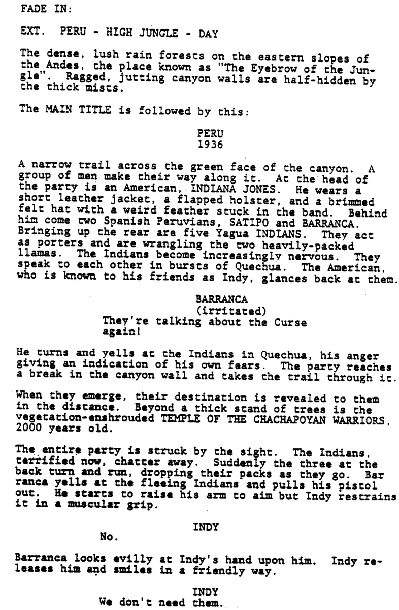 GoIntoTheStory's tweet photo. Page One: 'Raiders of the Lost Ark' (1981), screenplay Lawrence Kasdan, story by George Lucas and Philip Kaufman. https://t.co/iSuE0Ay1Nm