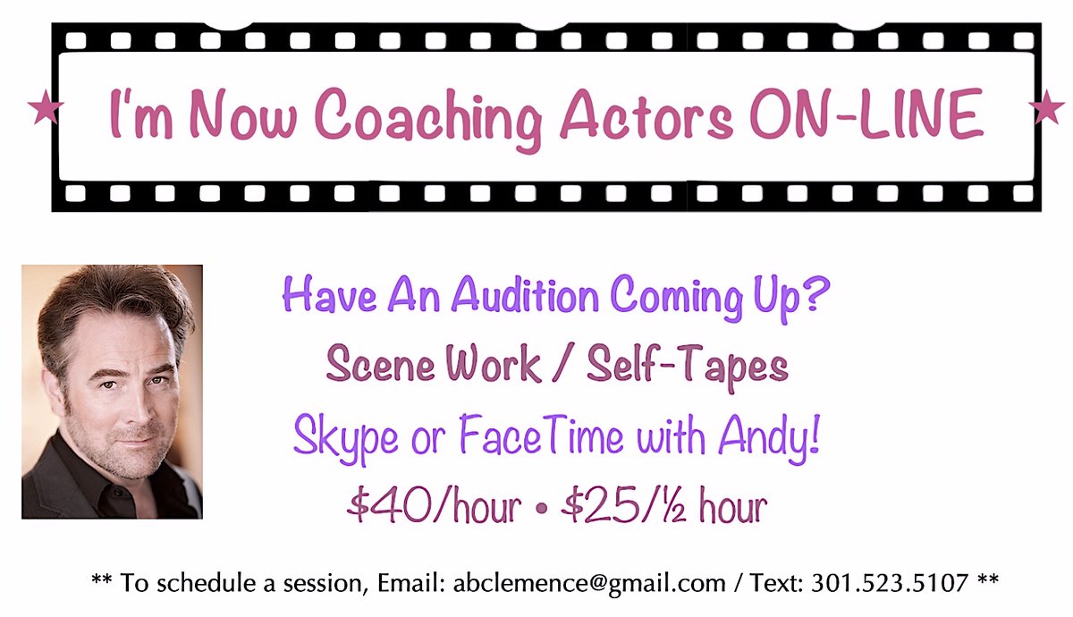 Andy Clemence (@andyclemence) on Twitter photo Don't let #COVID19 keep you from being a powerful #FilmActor!
To Schedule an On-Line #Acting session for #SceneWork, #Auditions, or #SelfTapes: abclemence@gmail.com / Text 301.523.5107
For more details, go to: AndyClemence.com Don't let #COVID19 keep you from being a powerful #FilmActor!
To Schedule an On-Line #Acting session for #SceneWork, #Auditions, or #SelfTapes: abclemence@gmail.com / Text 301.523.5107
For more details, go to: AndyClemence.com