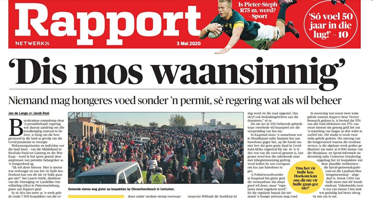 waldimar's tweet photo. Caregivers in KZN received 7500 food parcels from the Solidarity Fund a week ago to give to hungry families, but they cannot distribute it, because government wants to centralise food distribution and Cogta has not yet granted them a permit. Rapport's lead today. https://t.co/vq8TppbnJq