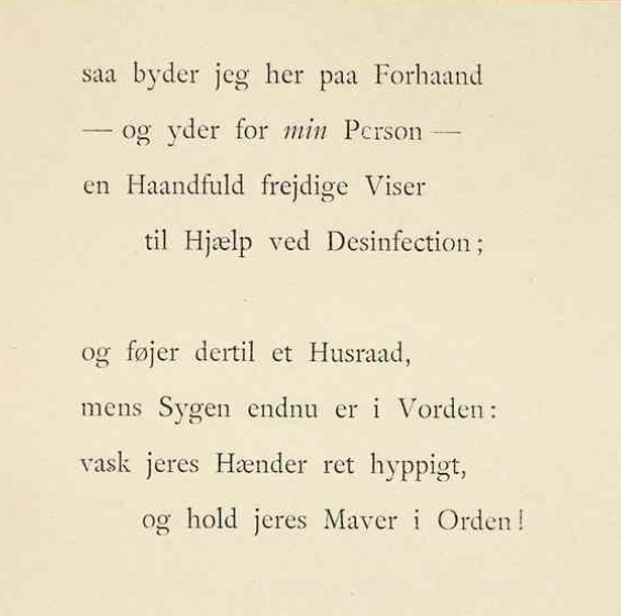 kalliope_org's tweet photo. Man skal huske at vaske sine hænder ret hyppigt og holde sin mave i orden i disse tider, fortæller Drachmann i »Desinfection« fra »Sange under Pesten«. https://t.co/1RrbPsWjMu https://t.co/5yjQ8SjqBN