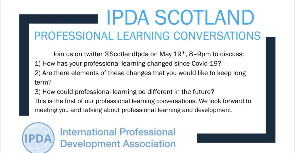 ScotlandIpda's tweet photo. We are excited to share our first @ScotlandIpda conversation. Join us on Tuesday 19th May 8-9pm. We will be exploring what professional learning is like at the moment. Positives, challenges and potential for the future #ipdaconversations https://t.co/KxEWaQnMBV