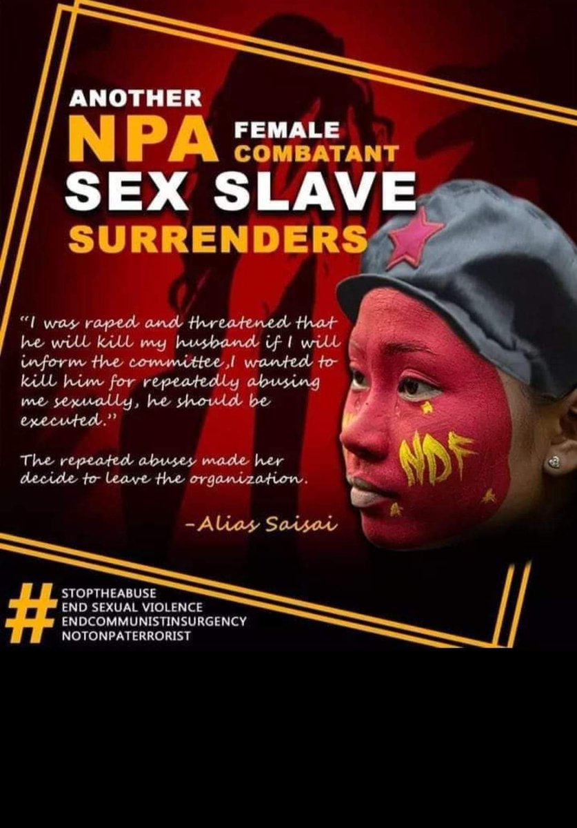 _HawkerEye_'s tweet photo. @rsurtida @ilda_talk Not only for child soldier recruitment they are known for but also for abusing and raping their female members.
#StopTheAbuse
#EndSexualViolence
#EndCommunistInsurgency
#NoToNPATerrorists https://t.co/yi7klARDmI