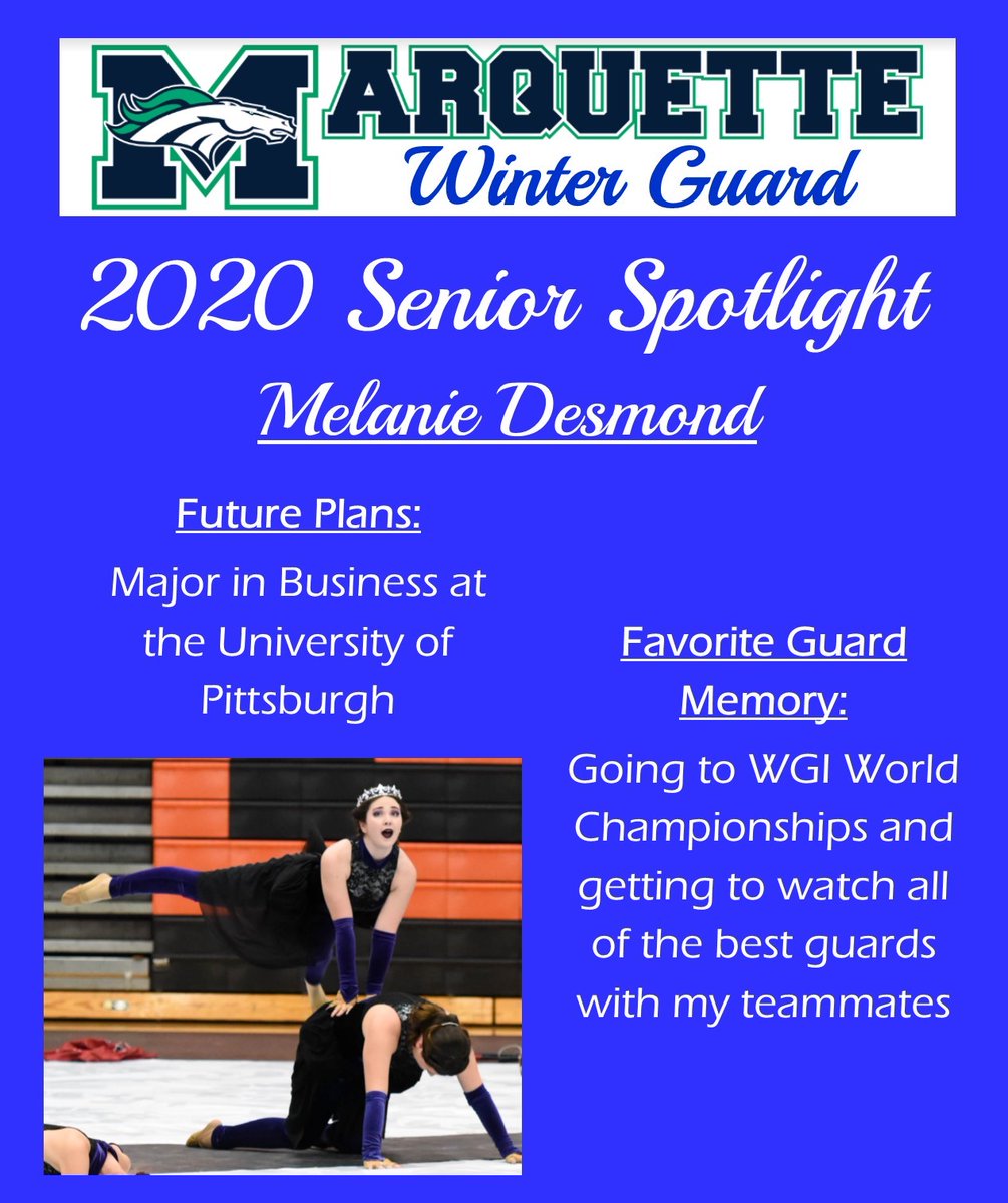 marquetteguard's tweet photo. Today's Winter Guard Senior Spotlight is Mel Desmond!
@MarquetteStangs
@MarquetteBand
#Classof2020Mustangs https://t.co/qNkXHswGxI