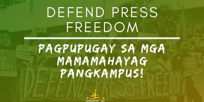 Anakbayan_FEU's tweet photo. Sa mahabang panahon, naging sandigan ng mga mag-aaral ang mga publikasyong pangkampus sa pagsisiwalat ng anti-student &amp; repressive policies sa loob ng mga pamantasan.

Salamat sa paninindigan laban sa komersyalisado, kolonyal, at mapaniil na sistema ng edukasyon! #PressFreedomDay https://t.co/jGe0m6BPQB