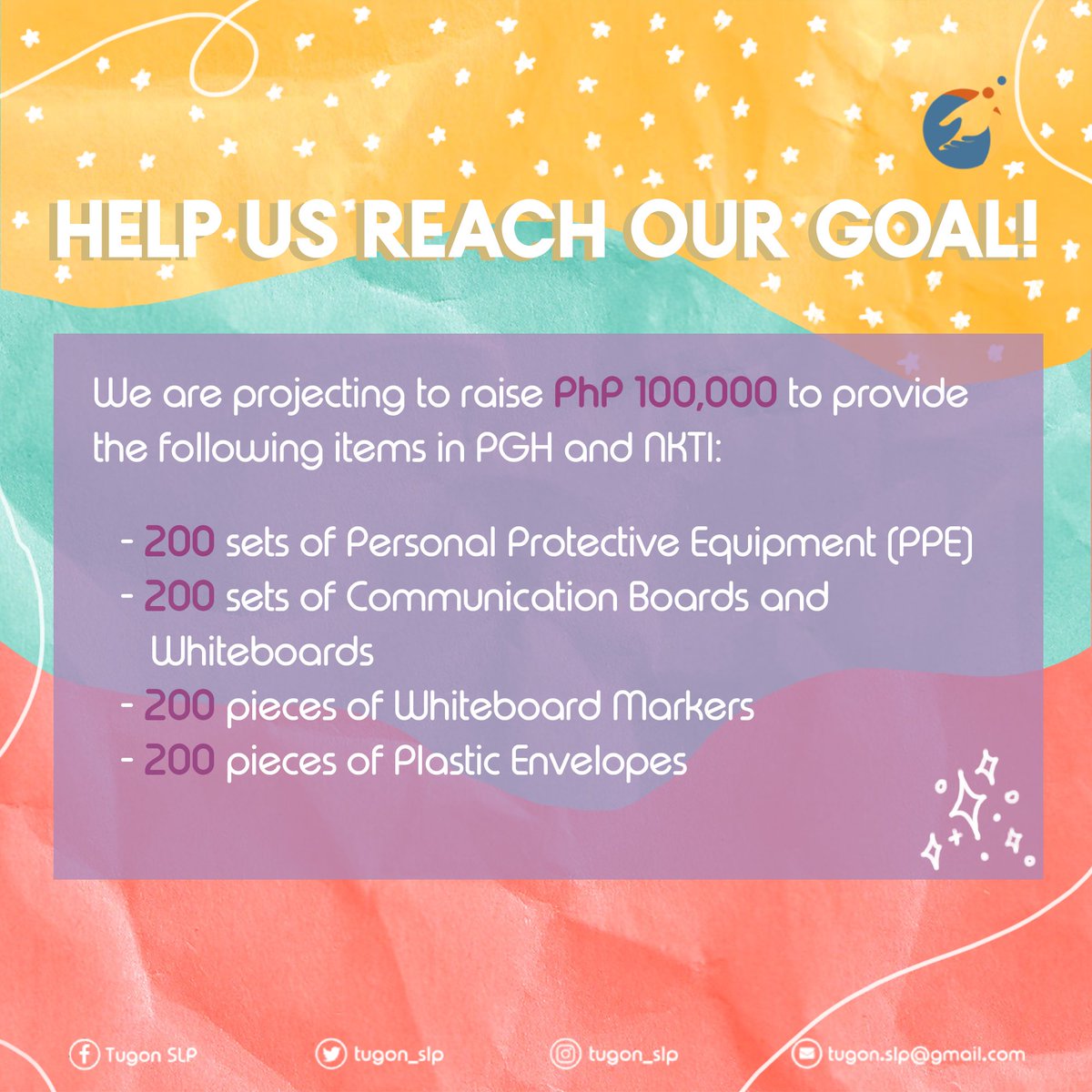tugon_slp's tweet photo. When making therapy plans for our patients, we create session goals. This time around, we’d like to present to you our specific goals for this initiative. (NOTE: Prices indicated are preliminary quotations from our suppliers.) 

Help us turn these goals into reality! 💙🧡💛 https://t.co/P6nSH0RMSj