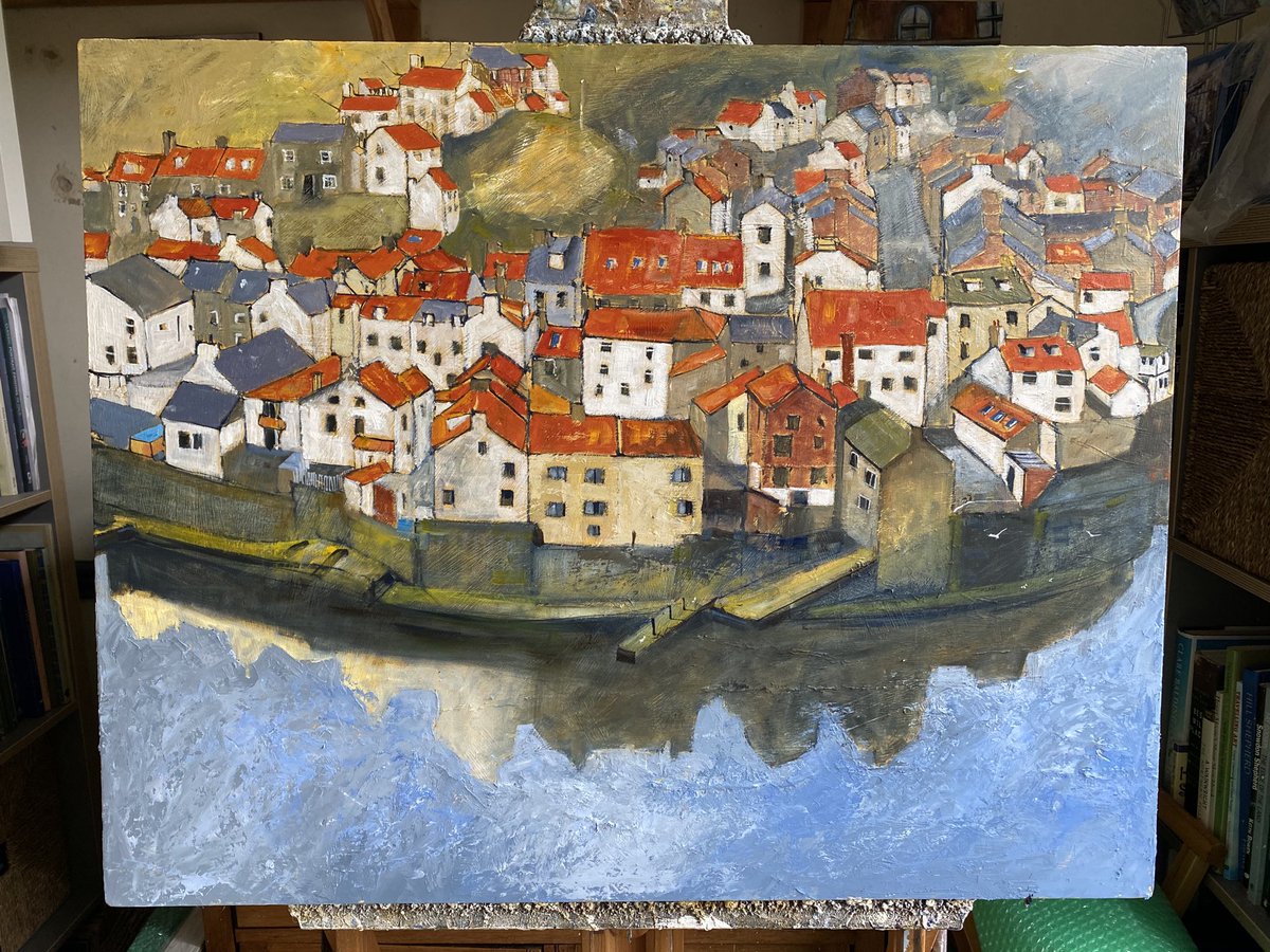 staithesartist's tweet photo. A #WIP update on Gull’s Eye View, Staithes #oils #coast #Yorkshire #isolationpaintings https://t.co/lQEk5quayA