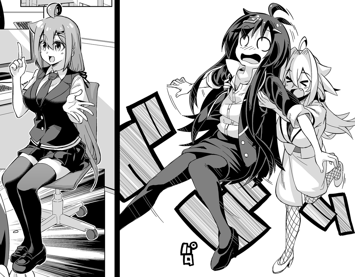 【今回のよく見て欲しいところ】
(左)めずらしく全身映ってる社畜ちゃん
(右)常駐さんに持ち上げられる後輩ちゃん 