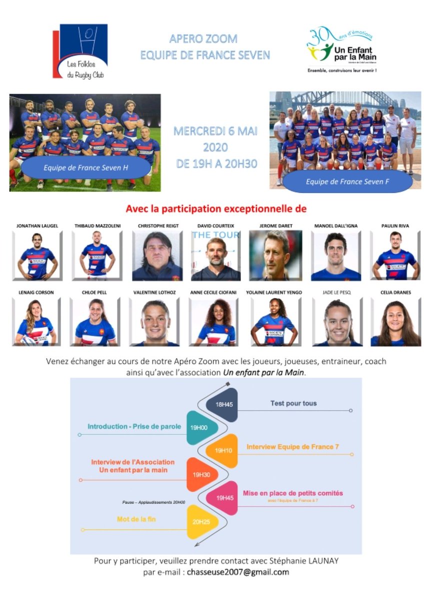 Passion, convivialité, solidarité... lors de notre apéro zoom de mercredi, nous recevrons les equipes de France Sevens et l'association @EnfantparlaMain et sa marraine <a href="/LenaigCorson/">Ｌｅｎａïｇ　ＣＯＲＳＯＮ</a>. Rendez-vous en ligne à 19h... Demandez-nous votre code de connexion
#solidaritélerugbyclub