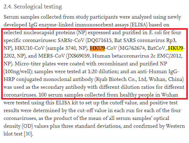 5/5 HKU9 used with ELISA assay to test serum of local residents by Zhengli Shi & Peter Daszak in 2019"Human-animal interactions & Bat coronavirus spillover potential among rural residents"Wei Zhang & Ning Wang from WIV conducted the serological testing https://www.sciencedirect.com/science/article/pii/S2590053619300308?via%3Dihub#!