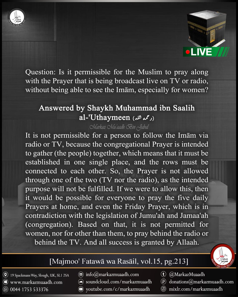 MarkazMuaadh's tweet photo. From the things the Prophet(ﷺ) feared the most for his Ummah were the Imāms of misguidance. Sadly we have people giving verdicts upon ignorance allowing to pray behind the tv etc,may Allāh reward Ustādh Hasan Somali @hikmahpubs with good for directing us to the following fatwā https://t.co/zvCrtlGWbE