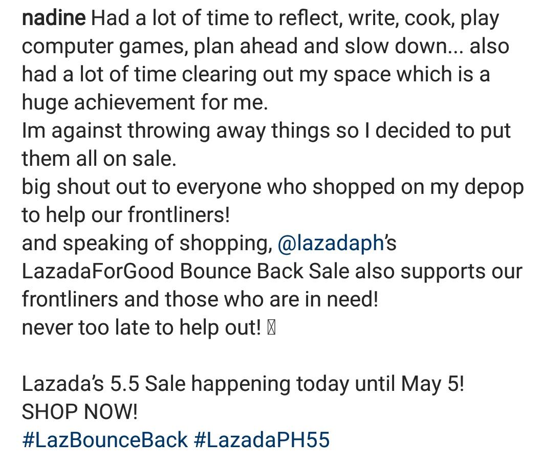 NADINE's IG post

Lazada's 5.5 Sale happening today until May 5! SHOP NOW!

#LazBounceBack #LazadaPH55 

05/03/2020